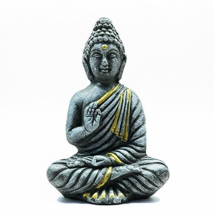 Meditating Buddha Aquarium Decoration (13 x 8 cm) – Grey & Gold Zen Ornament