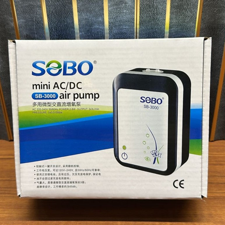 Sobo SB-3000 AC/DC Mini Aquarium Air Pump (2.8W) – Rechargeable Battery Oxygenator