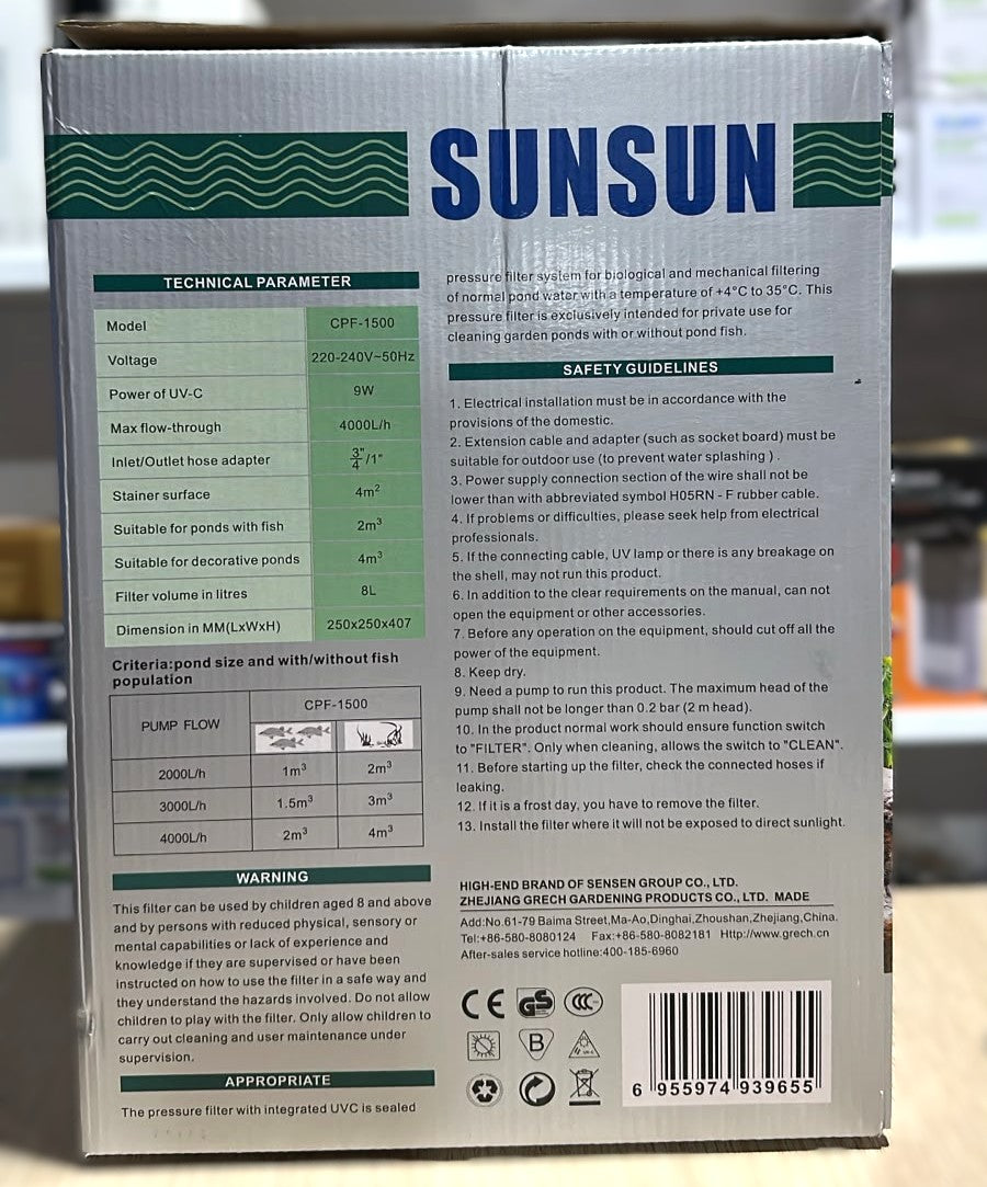 SUNSUN CPF-1500 Pond Bio Press Canister Filter with 9W UV-C Lamp