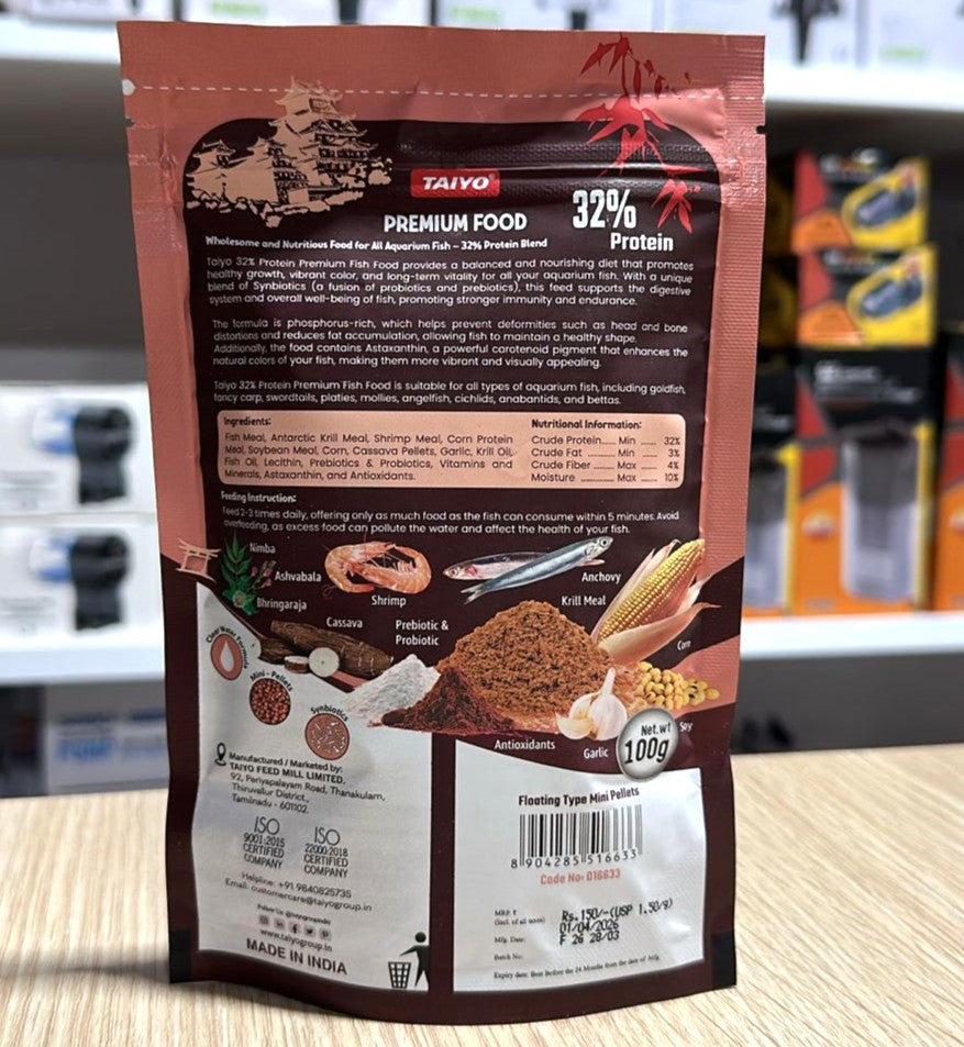Taiyo 32 Premium Fish Food (100g Pouch) – 32% Protein Floating Mini Pellets